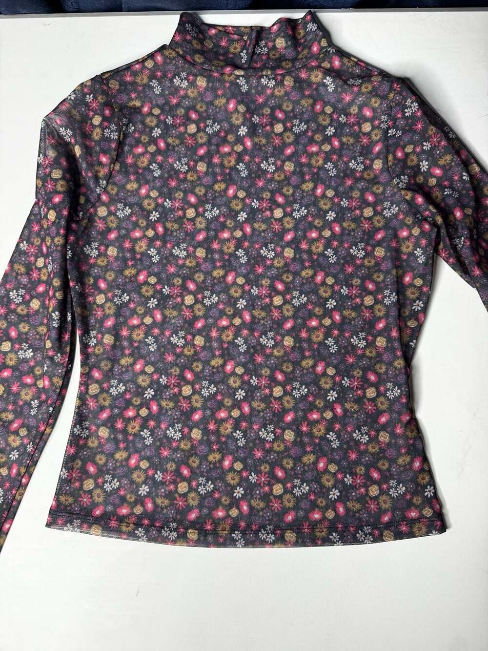 Unbranded Women's Black Multicolored Floral Mesh Long Sleeve Mock Neck Top
